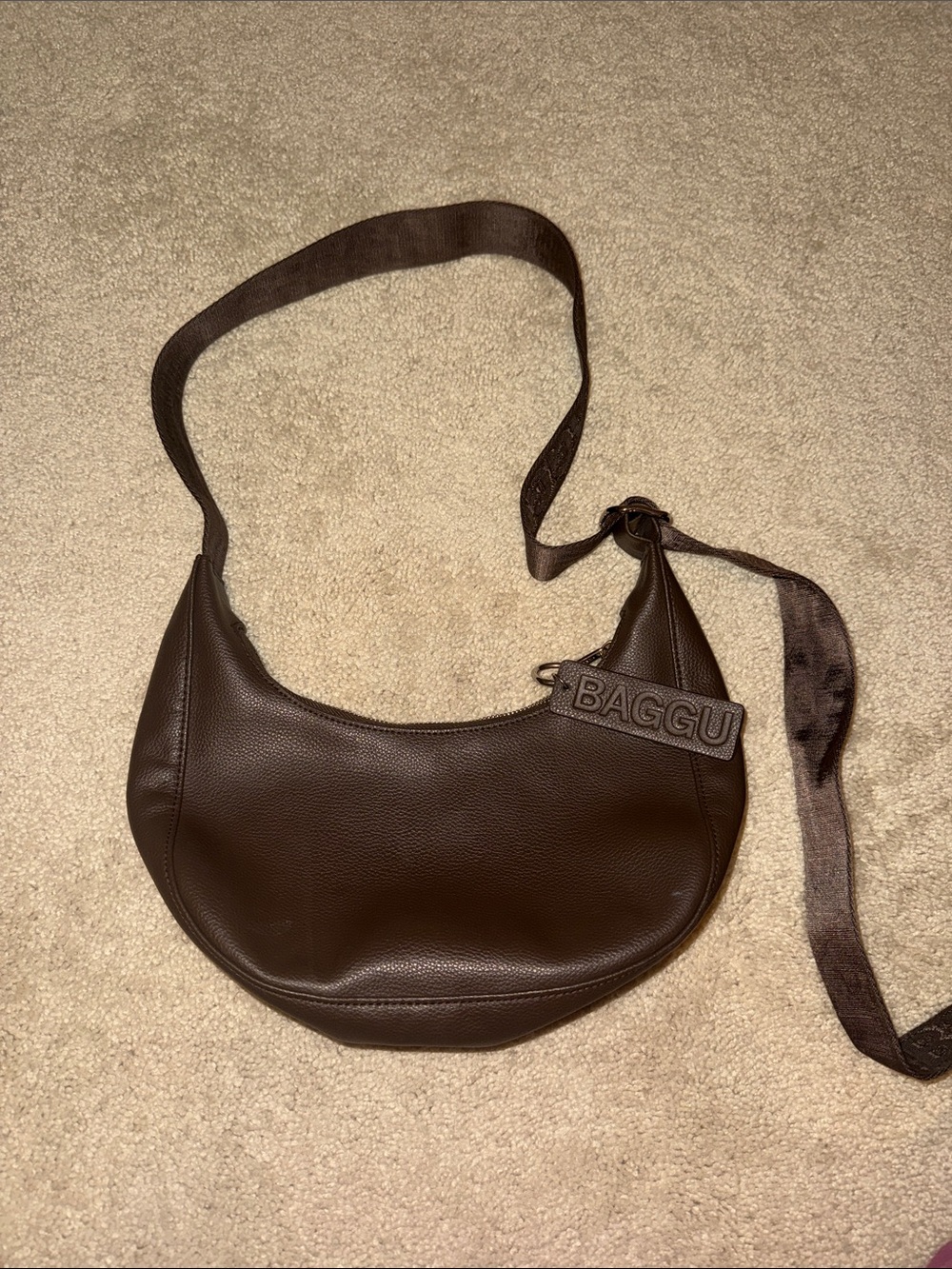 BAGGU Small Brown Leather Crescent Bag